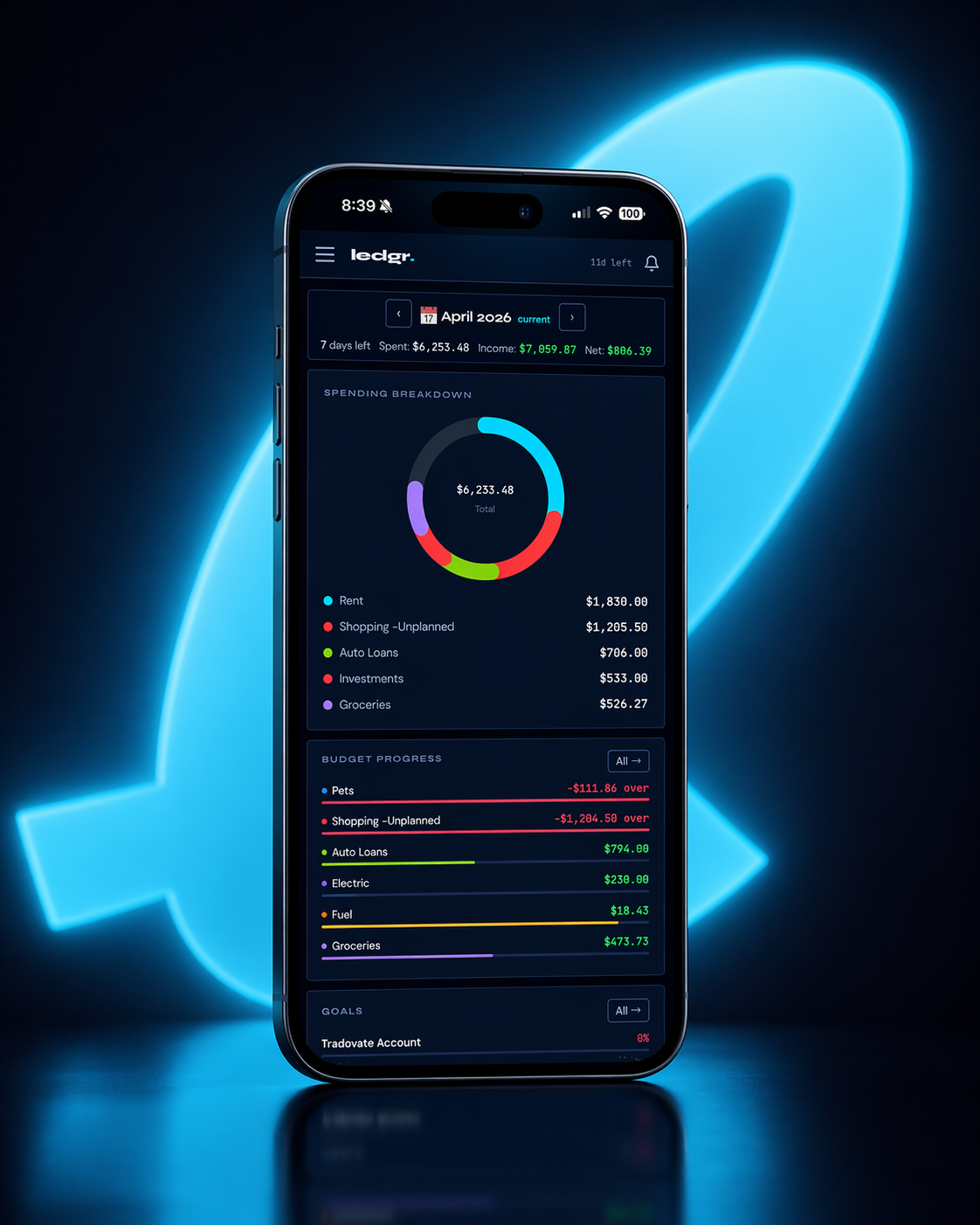 Ledgr dashboard on iPhone